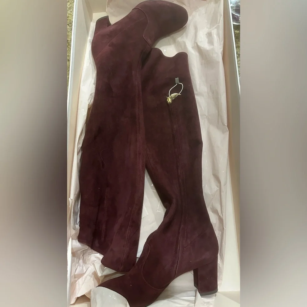 L'Autre Chose Italy Burgundy Suede Over The Knee Block Heel Boots 35 NWT